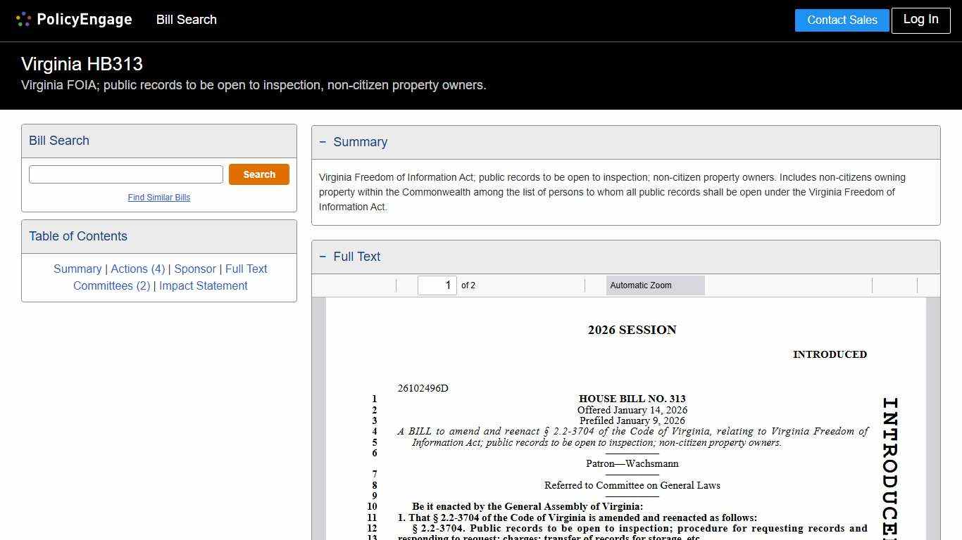 HB313 Virginia 2026 Virginia FOIA; public records to be open to inspection, non-citizen property owners. - Legislative Tracking PolicyEngage